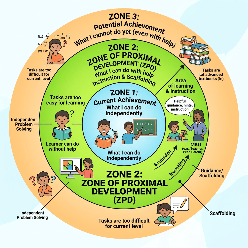 Diagram showing three learning zones: Current Achievement, Zone of Proximal Development, and Potential Achievement